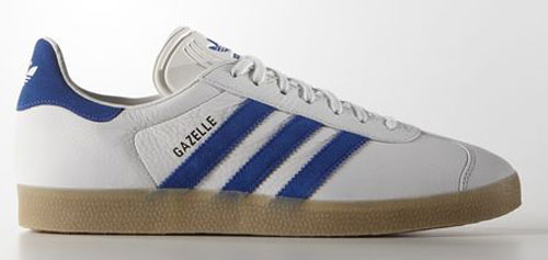 white and blue leather gazelles